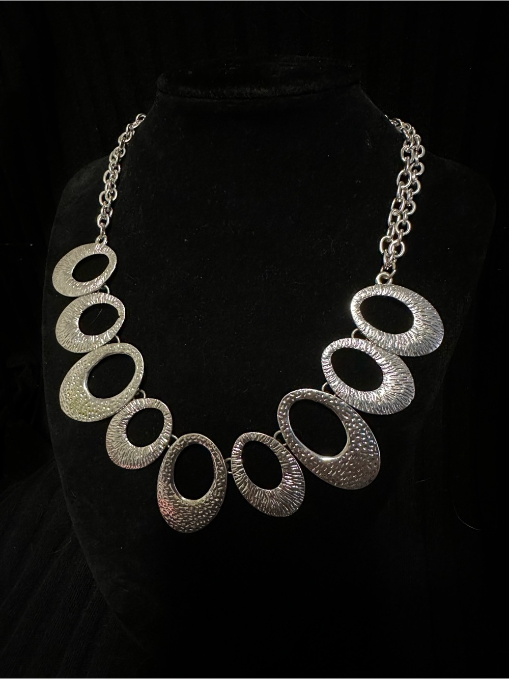 Silver Textured Hammered Oval Link Statement Necklace Women Jewelry Western Boho